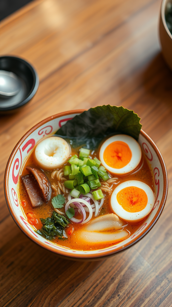 A delicious bowl of ramen with soft-boiled eggs, green onions, and leafy greens.