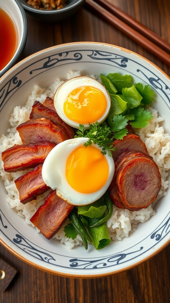 A delicious donburi rice bowl topped with slices of meat, soft-boiled eggs, and fresh greens.