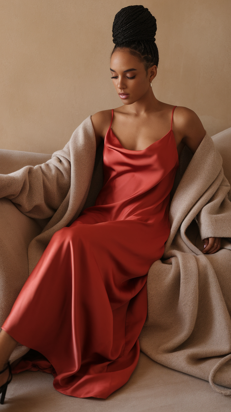 A woman wearing a silk slip dress and a cozy shawl, seated comfortably.