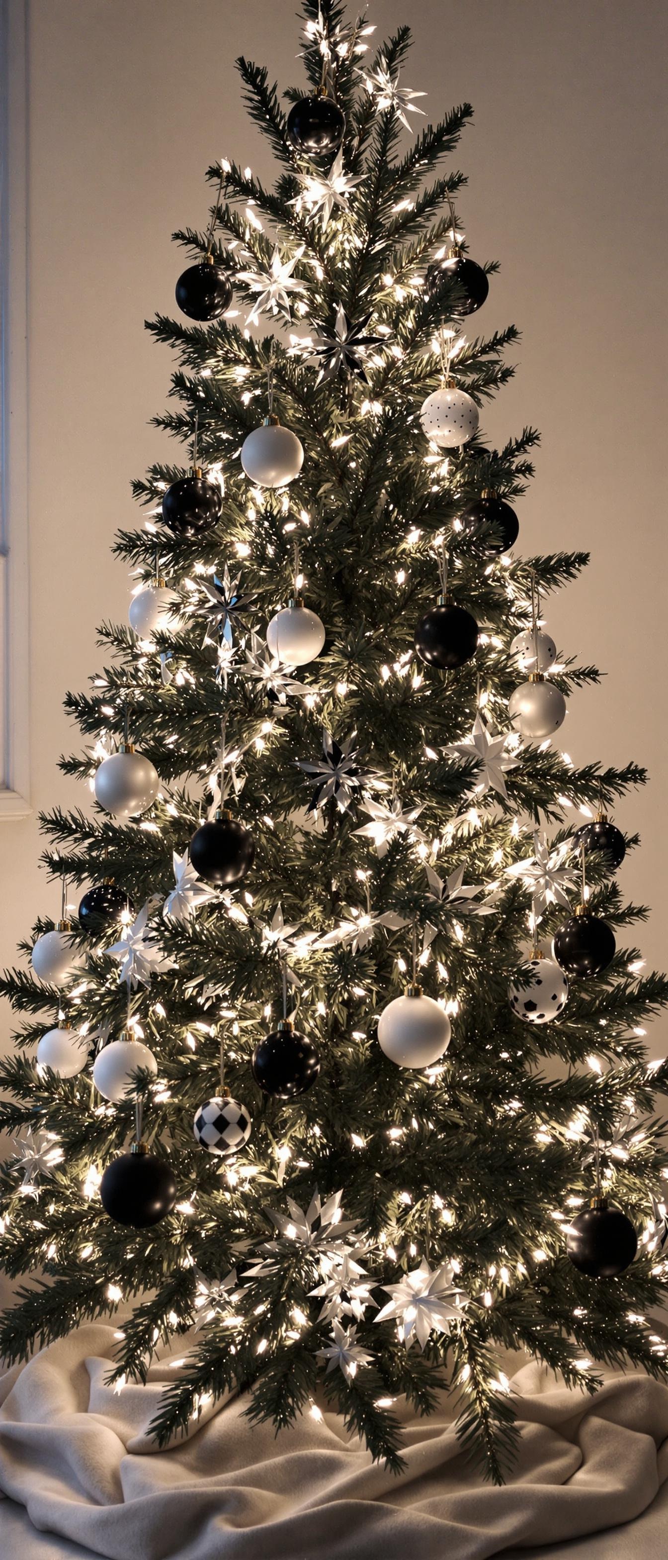 Minimalist Christmas tree with black and white ornaments and soft lights.