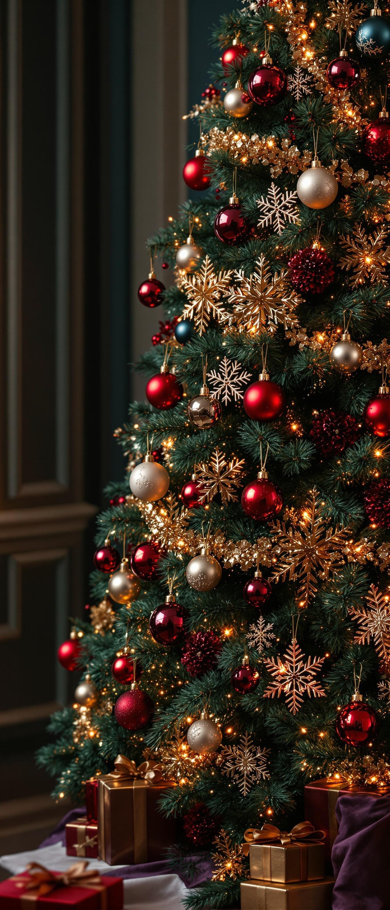 Christmas tree decorated with red, gold, and silver ornaments and lights