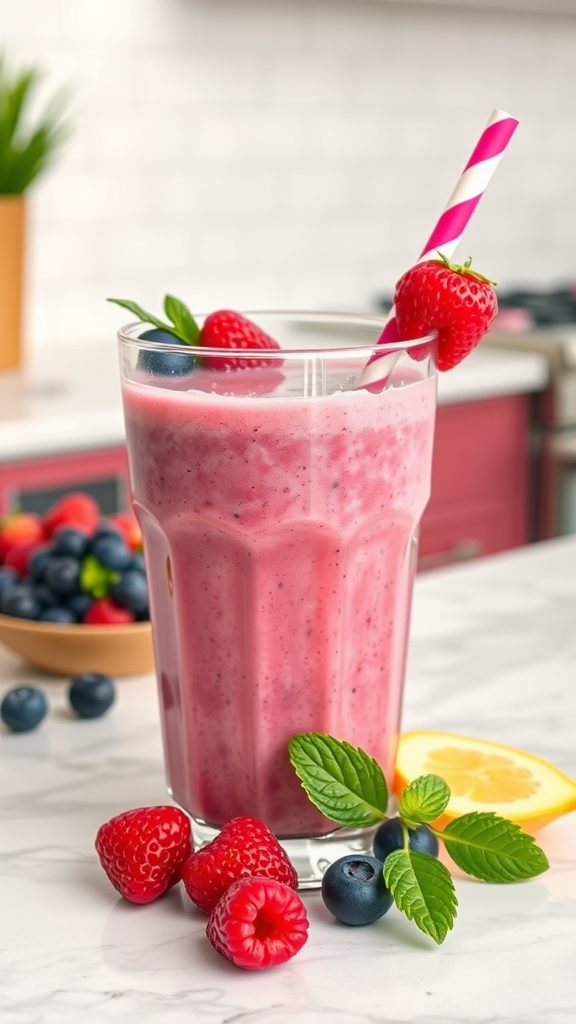 A refreshing pink smoothie topped with strawberries and blueberries, surrounded by fresh berries and a slice of lemon.