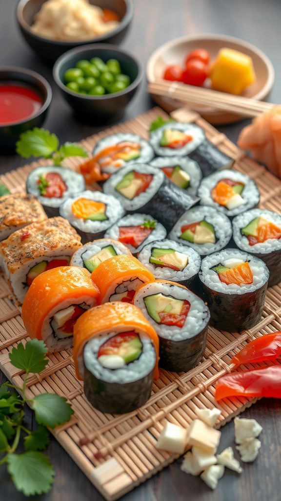 An assortment of colorful sushi rolls arranged on a bamboo mat, with various dips and garnishes.