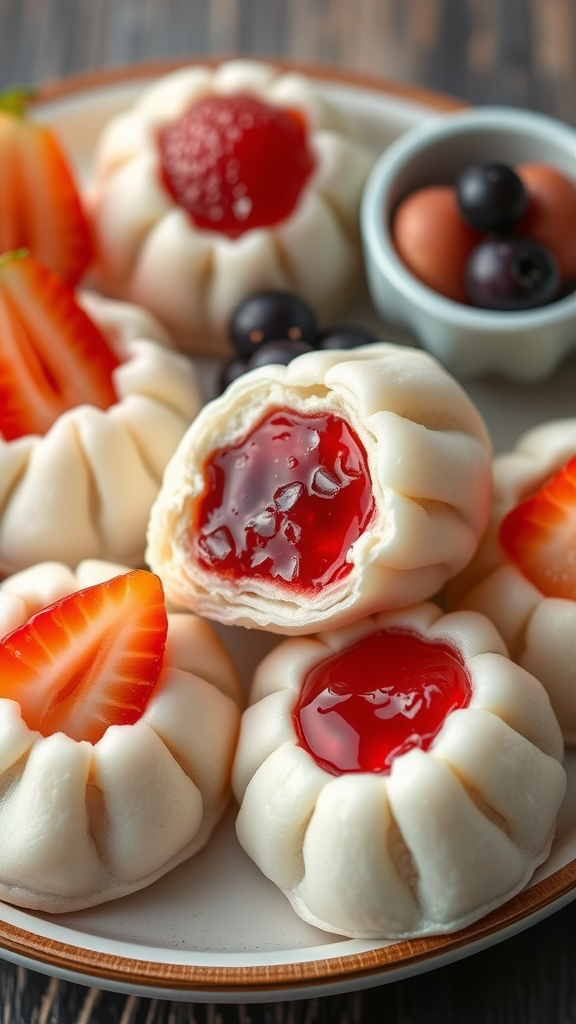 A plate of daifuku mochi with red filling, alongside strawberries and berries.