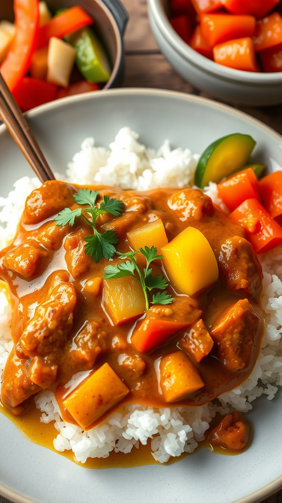 A plate of Japanese curry rice topped with colorful vegetables and served alongside pickled vegetables