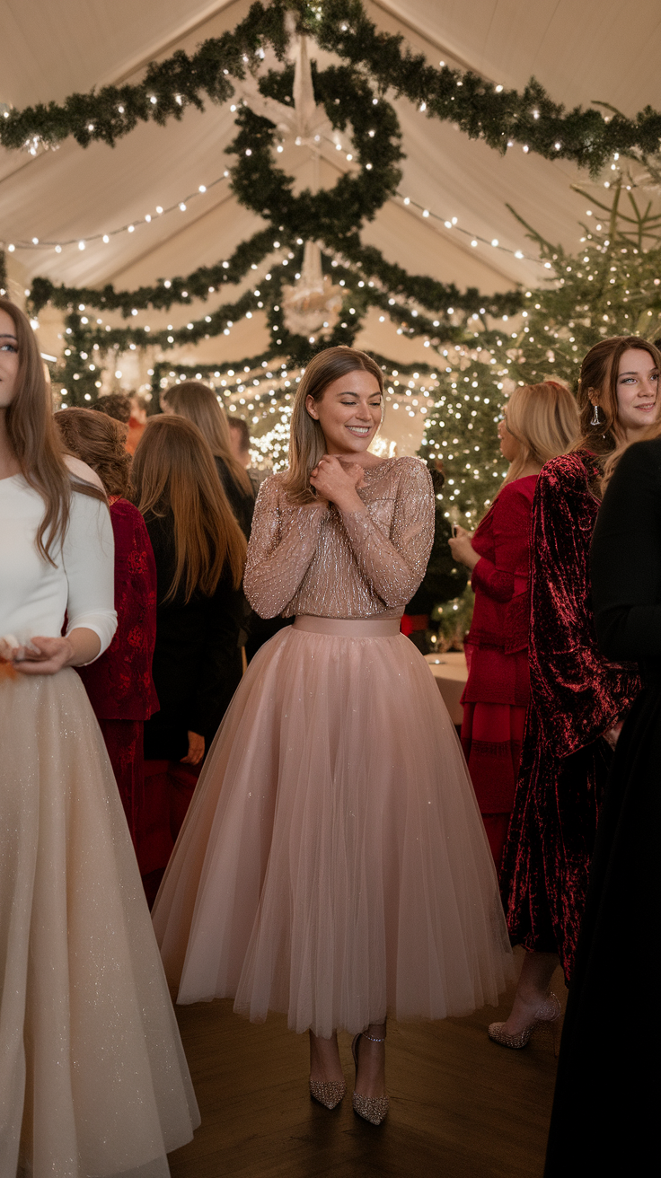 A woman wearing a sparkling top and a tulle skirt at a festive gathering.