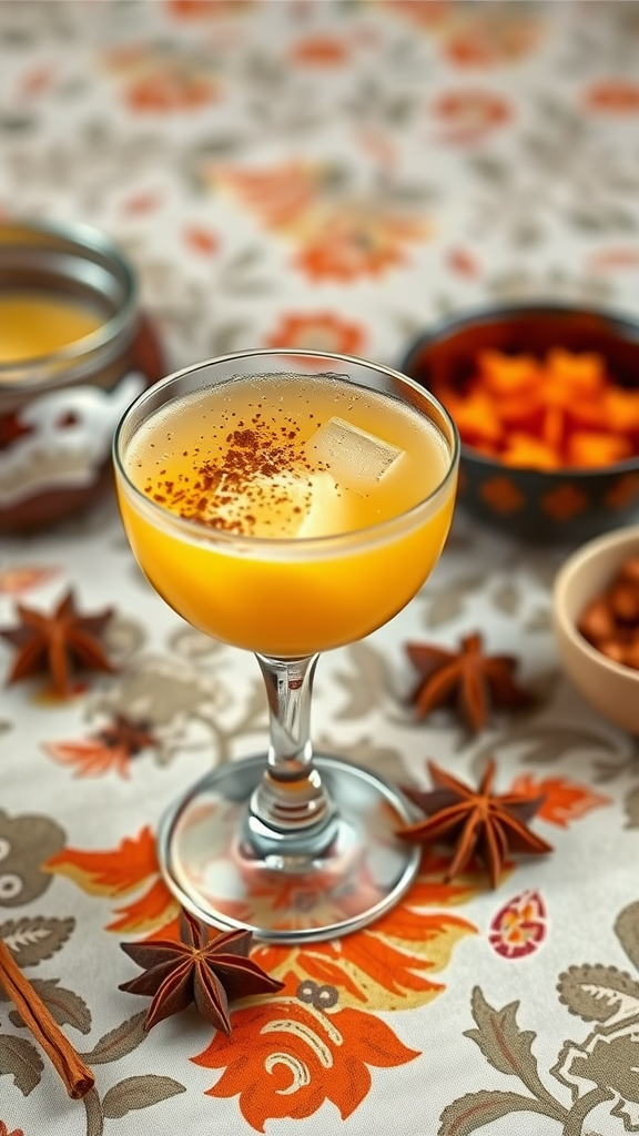 A refreshing turmeric ginger drink with spices on a floral tablecloth.