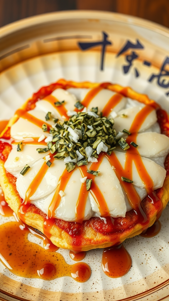 A plate of okonomiyaki, a savory Japanese pancake topped with creamy sauce, green onions, and a drizzle of red sauce.