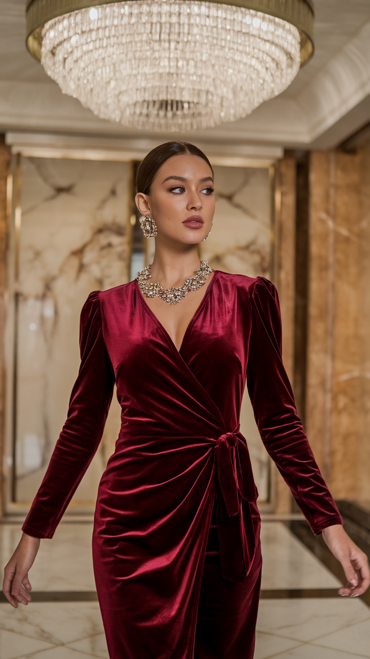 A model wearing a red velvet wrap dress with statement jewelry.