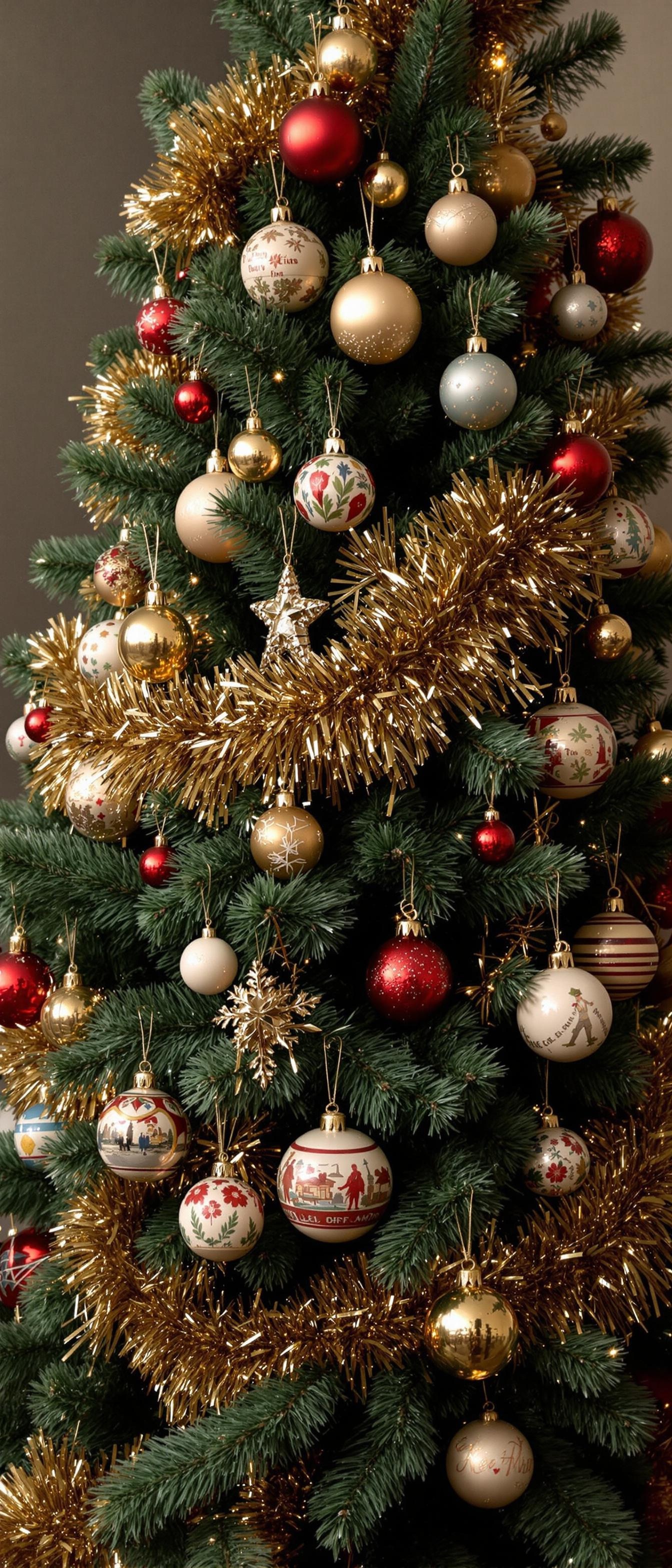 A decorated Christmas tree with vintage ornaments in red, gold, and silver.