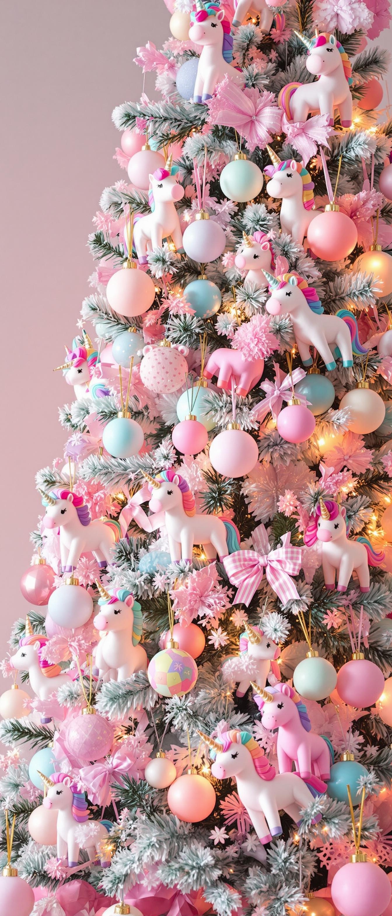 A colorful Christmas tree decorated with pastel ornaments and unicorn figurines.