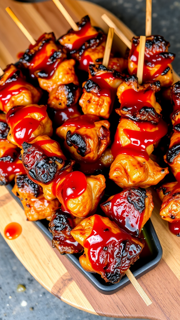 Delicious yakitori skewers with a shiny red glaze on a wooden platter.