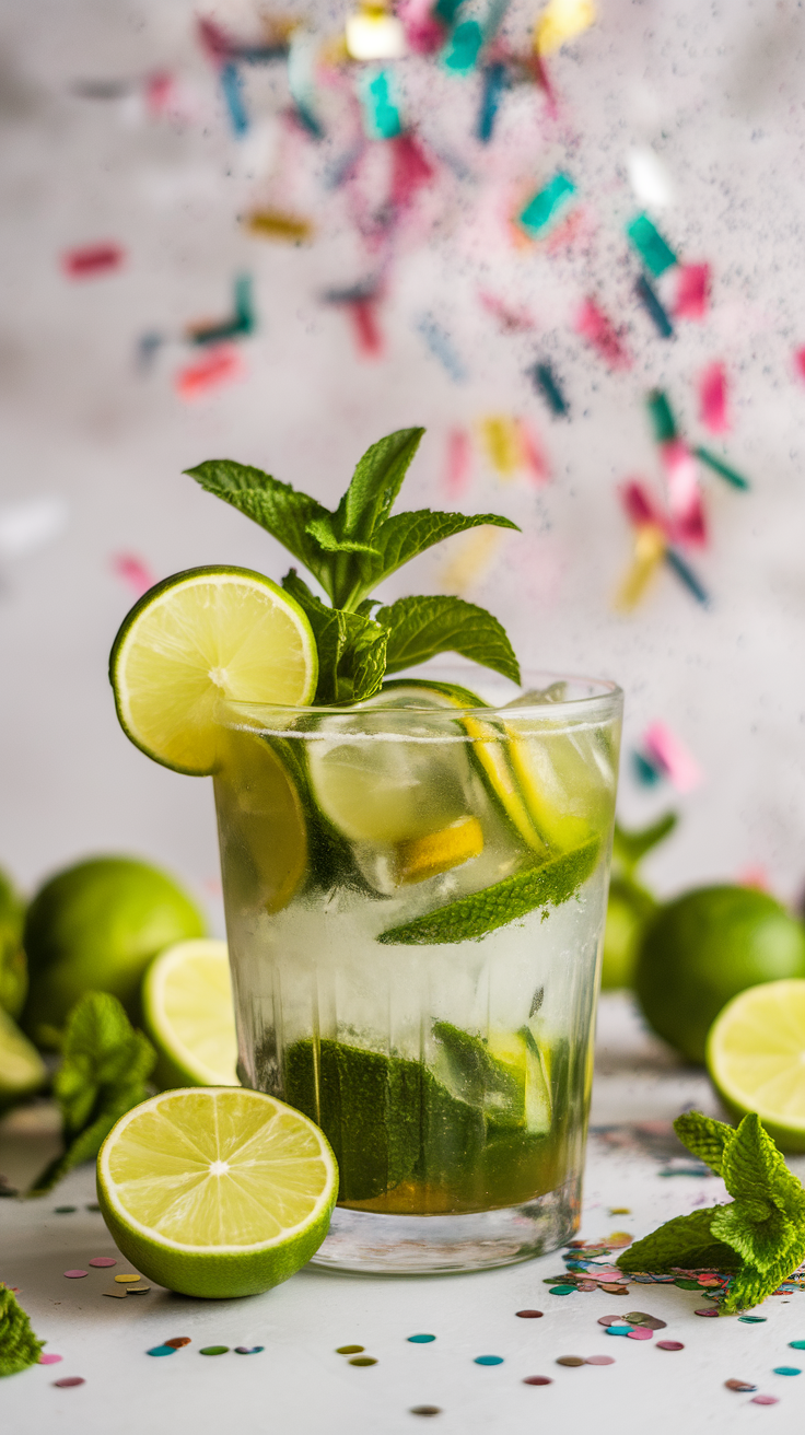 A refreshing Mojito with mint and lime, surrounded by limes and colorful confetti.