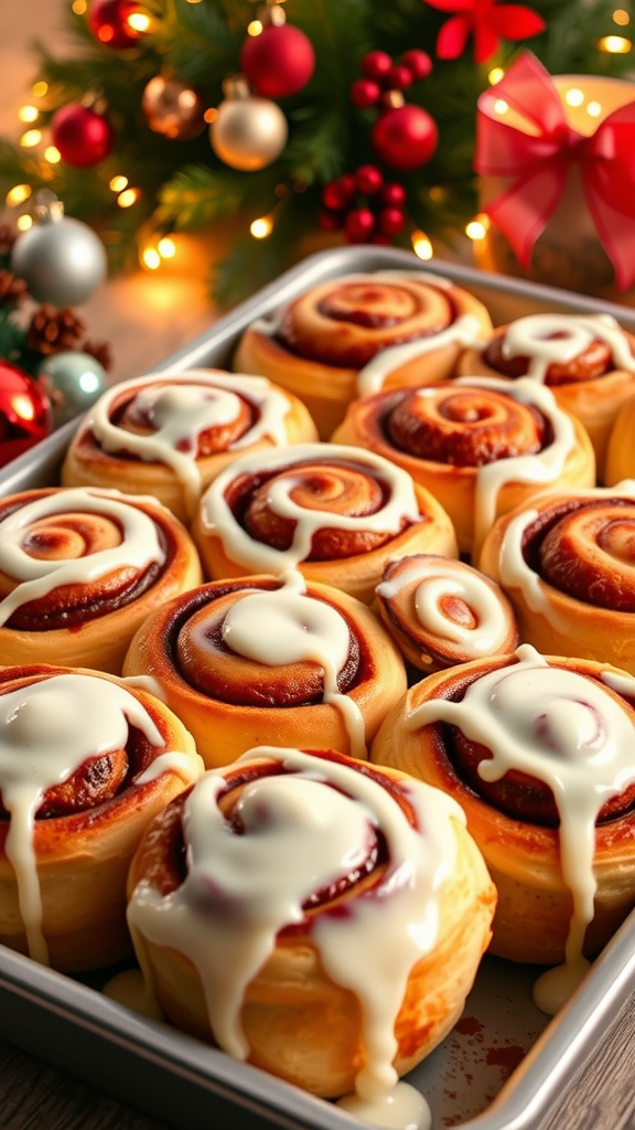 A tray of golden brown cinnamon rolls topped with cream cheese frosting in a festive holiday setting.