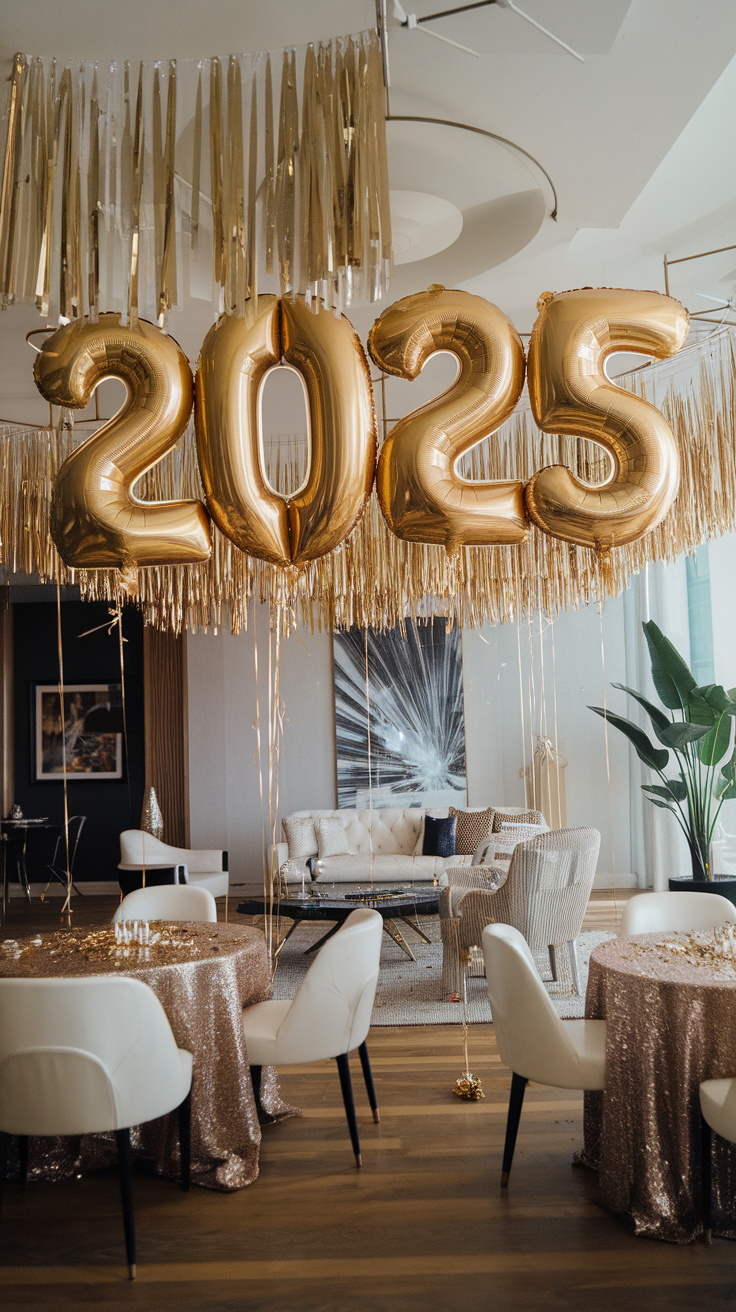 A decorated room with golden balloons reading 2025 and sparkling table covers.