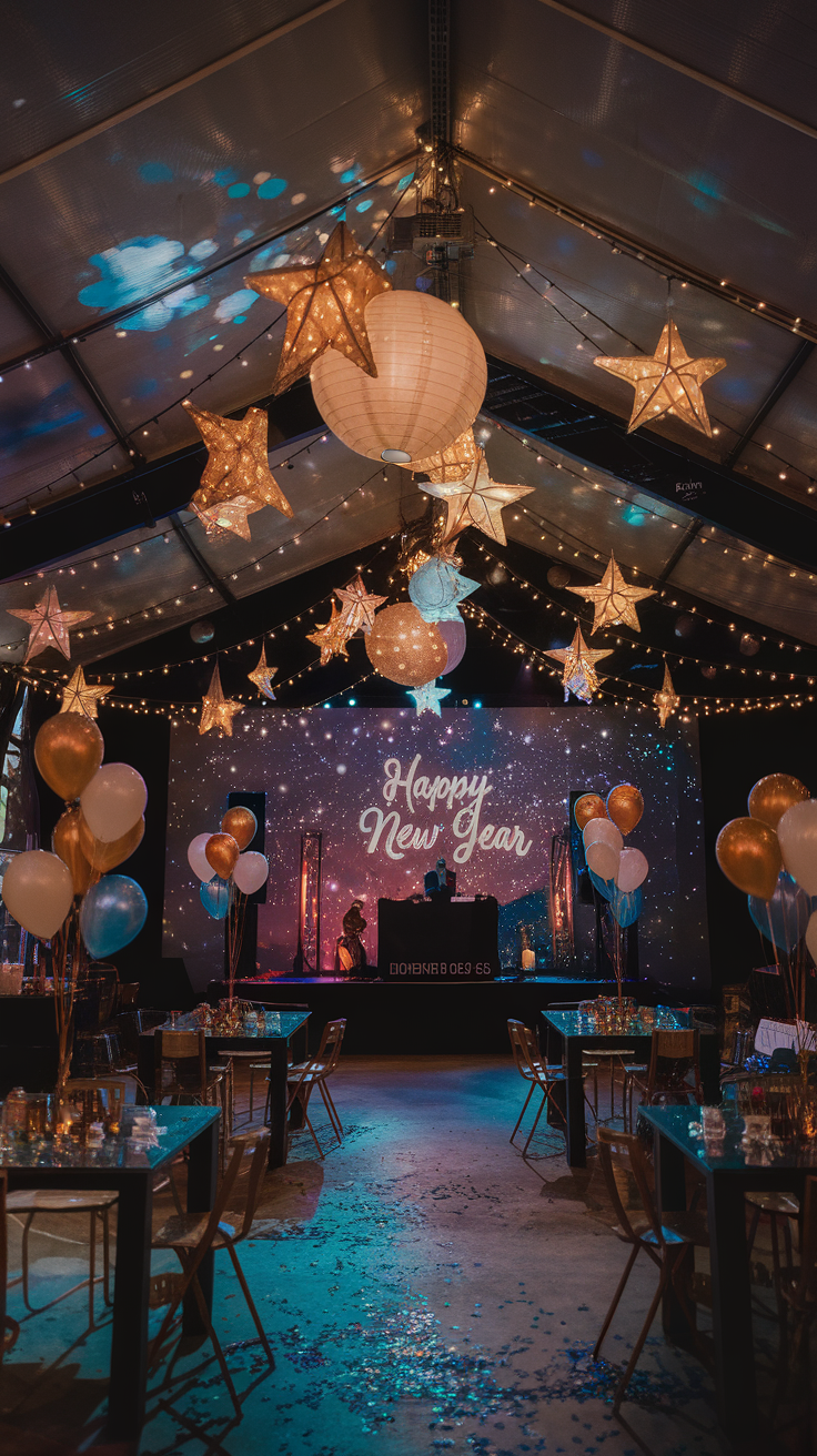 A festive celebration with guests dancing and star-themed decorations.