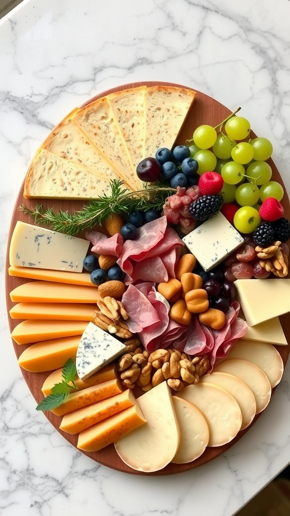 An artisan charcuterie board with various cheeses, meats, fruits, and nuts arranged beautifully.