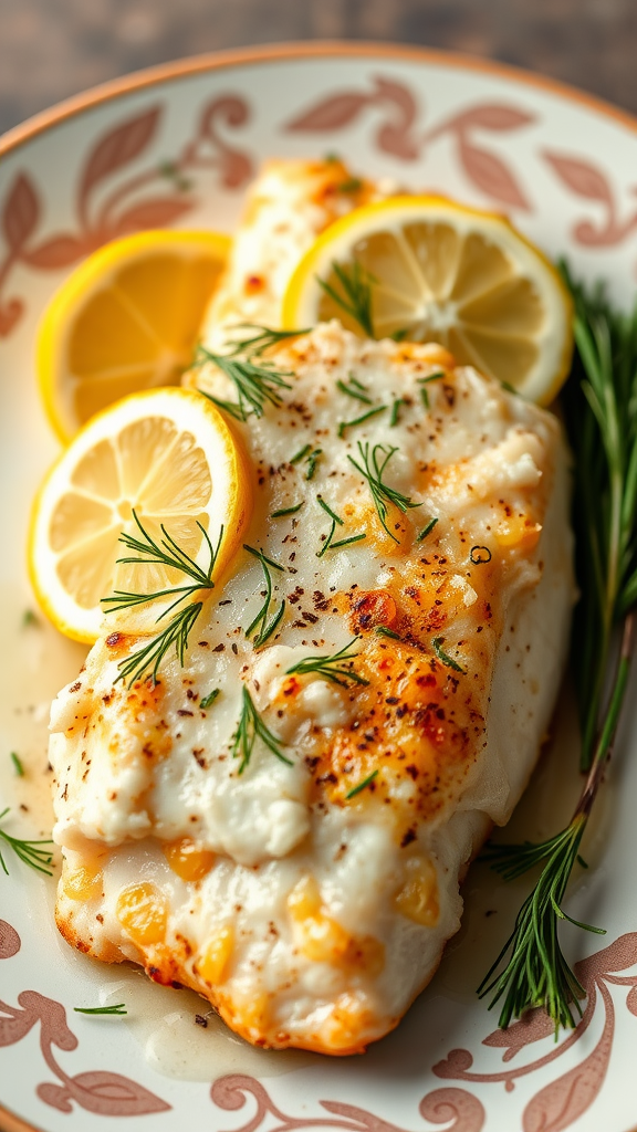 Baked cod with lemon slices and dill on a decorative plate