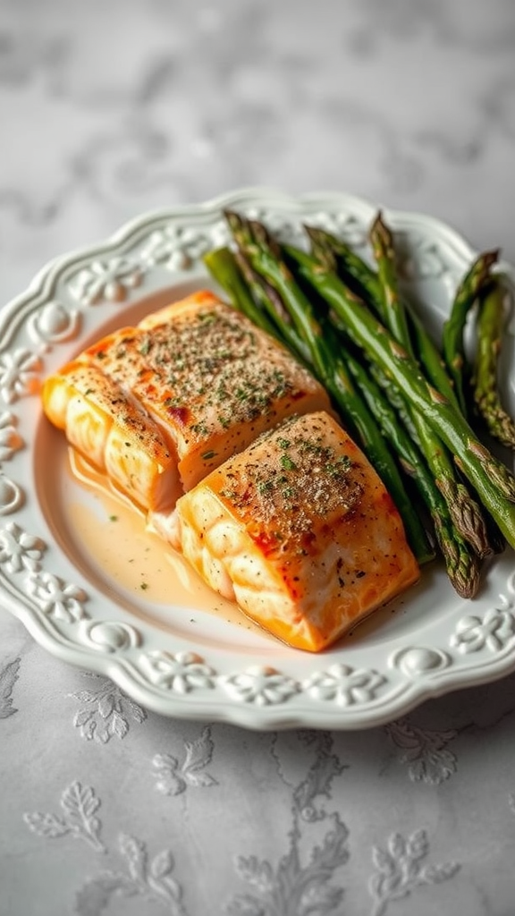 A plate of baked salmon fillets served with asparagus on the side.