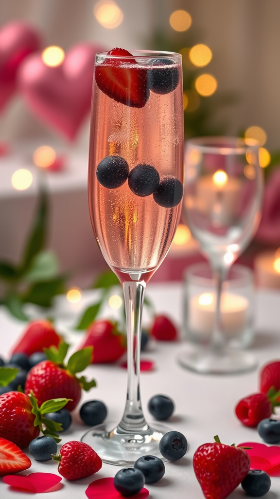 A glass of Berry Infused Champagne garnished with strawberries and blueberries, surrounded by fresh berries on a table decorated with rose petals and candles.