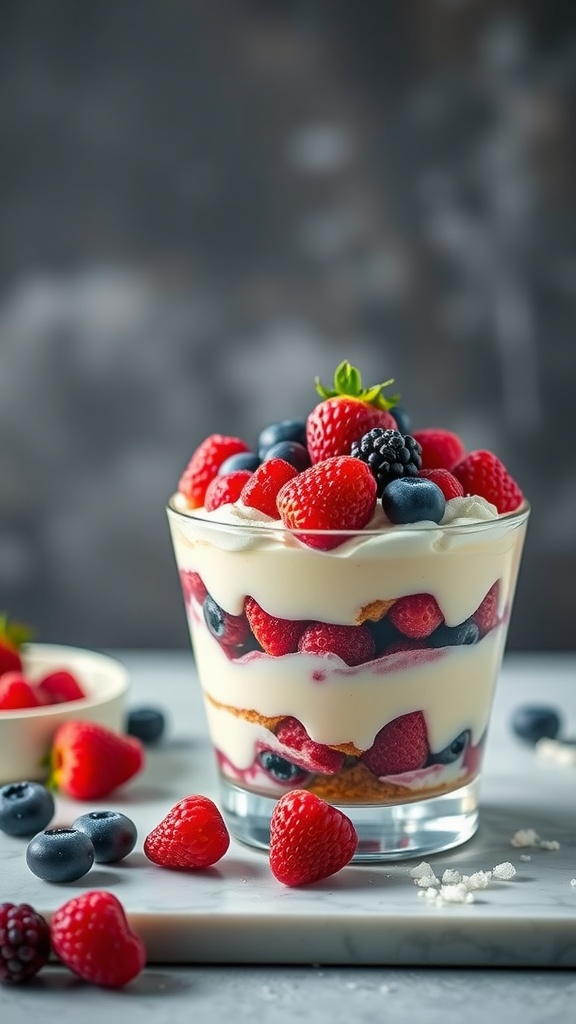 Delicious berry tiramisu with layers of cream and fresh berries in a glass dish.