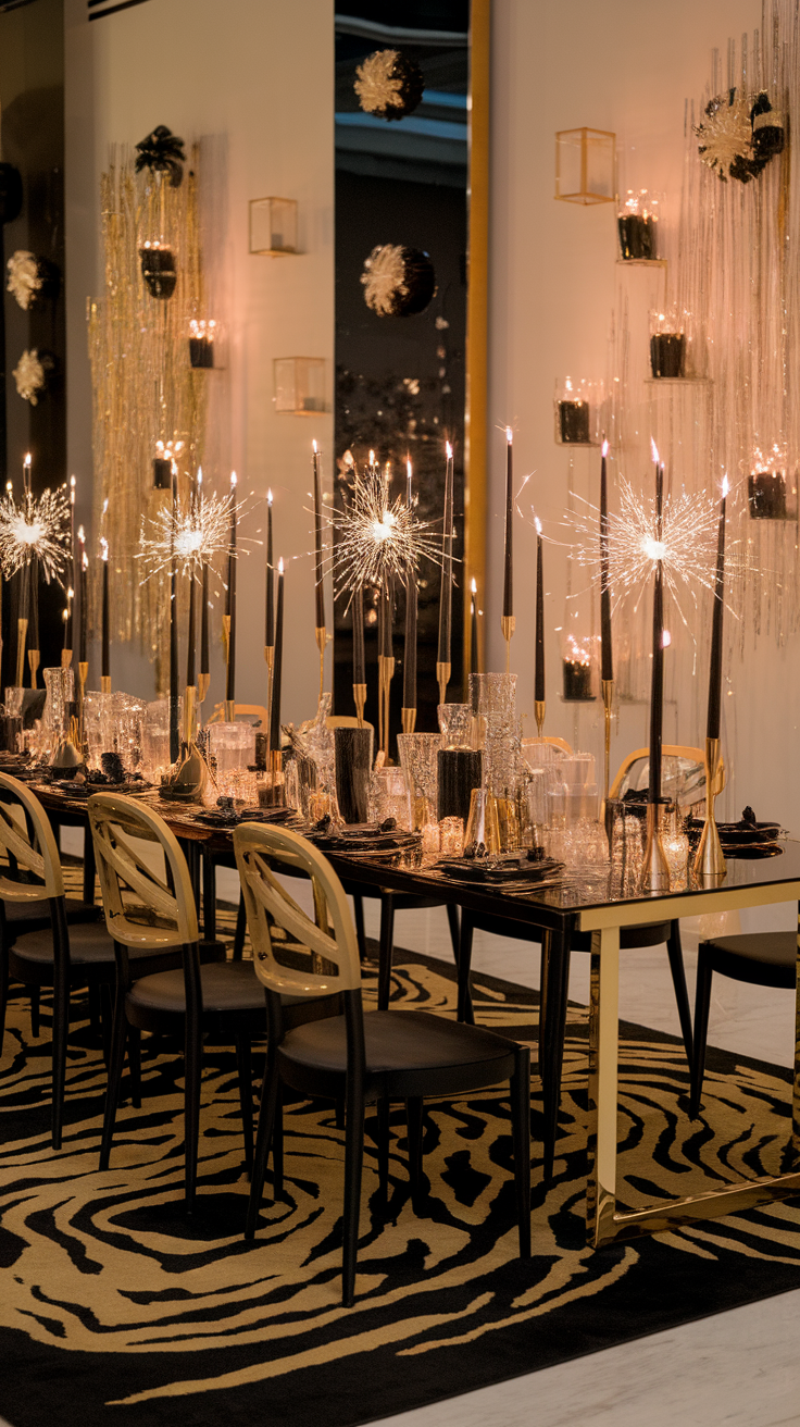 Elegant black and gold dining setup featuring tall candles and sparkling decor.