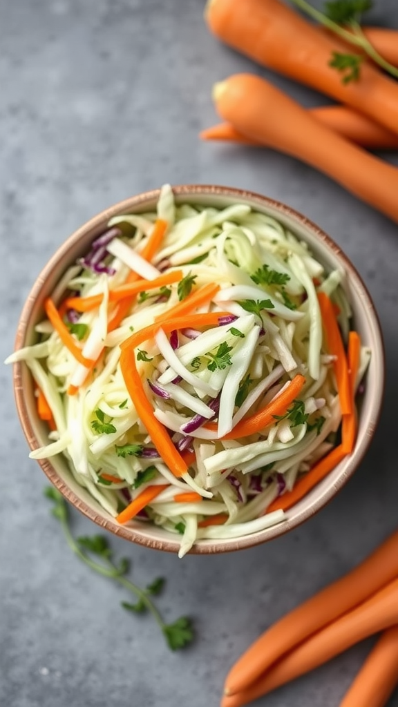 A bowl of colorful cabbage and carrot slaw with fresh ingredients in the background.