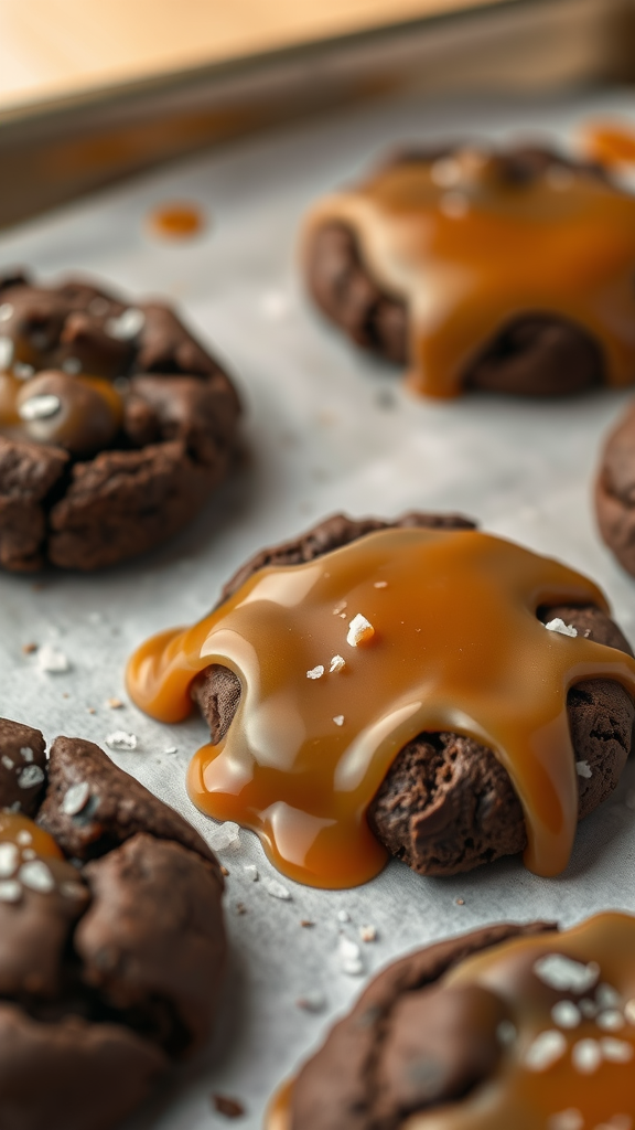 Delicious caramel-stuffed chocolate cookies with a glossy caramel drizzle