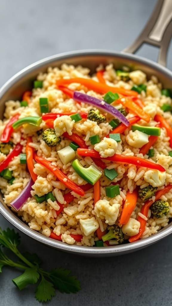 A colorful cauliflower rice stir-fry with mixed vegetables