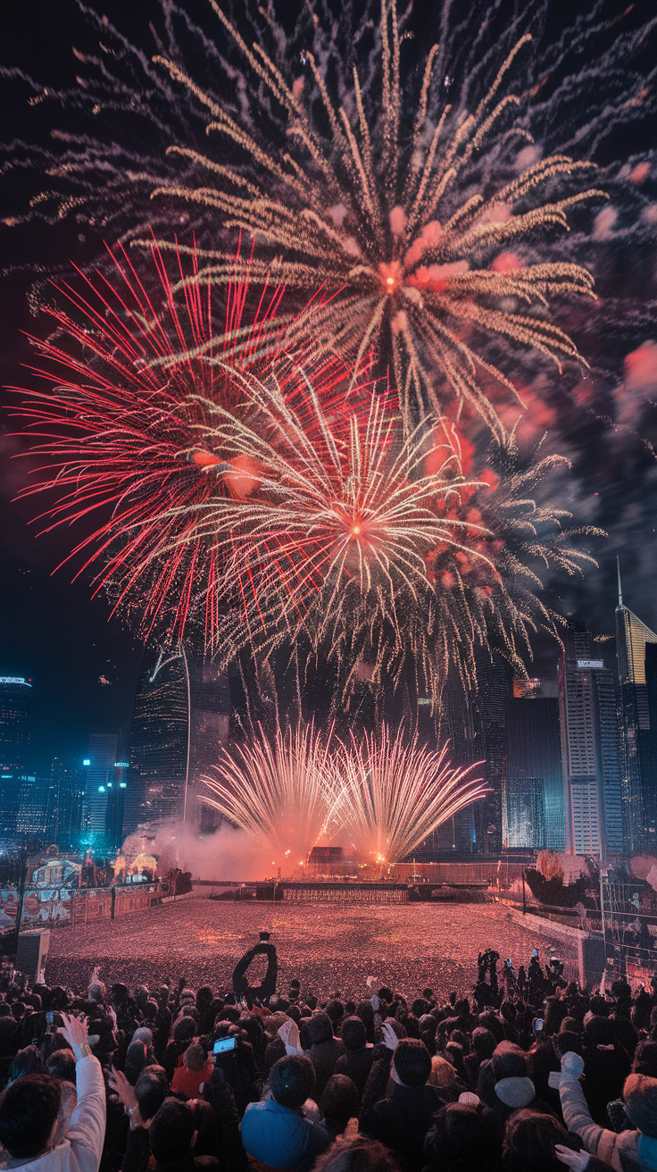 A vibrant fireworks display lighting up the night sky over a large crowd.