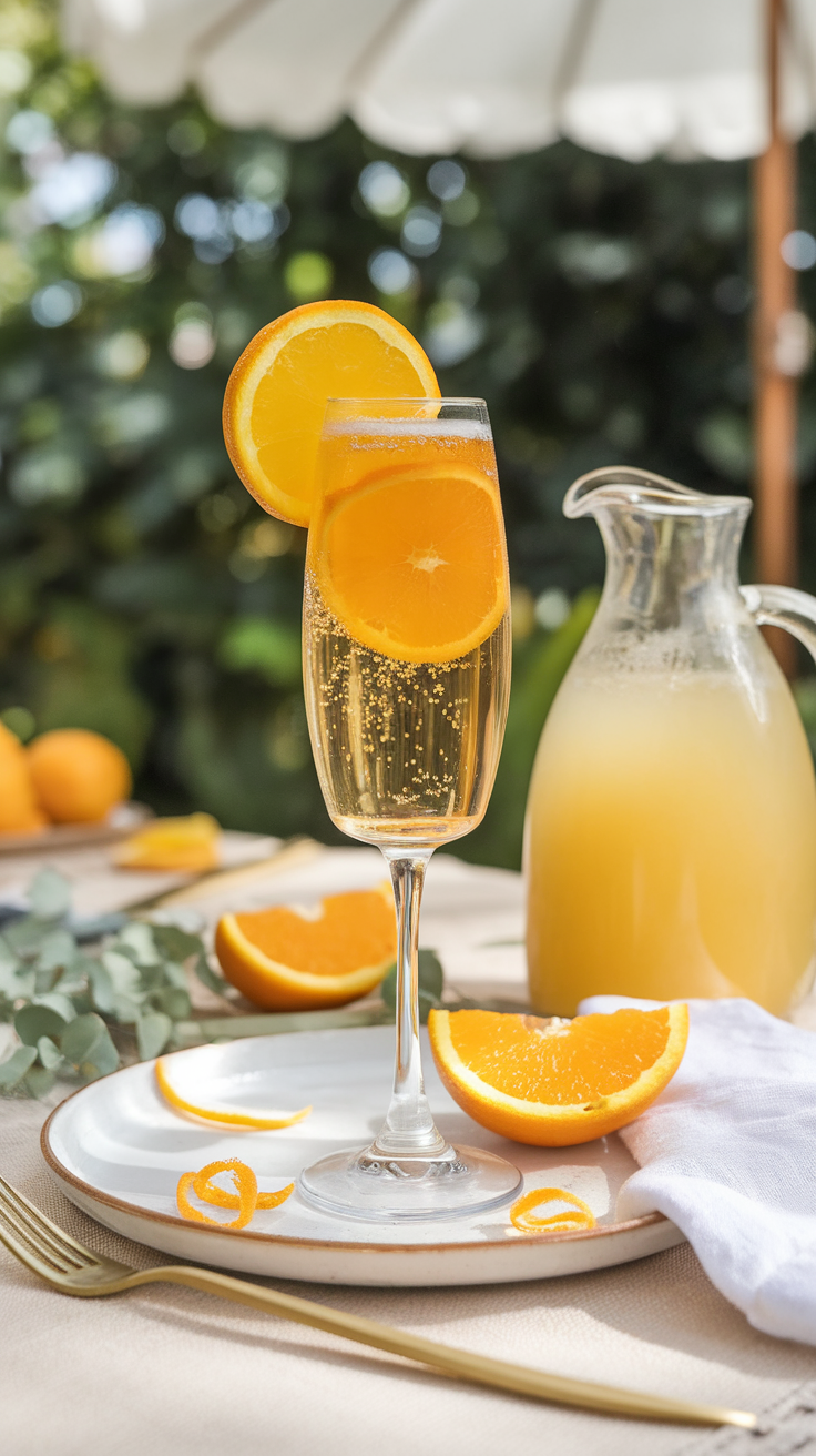 A glass of mimosa with orange slices and a pitcher of orange juice in the background