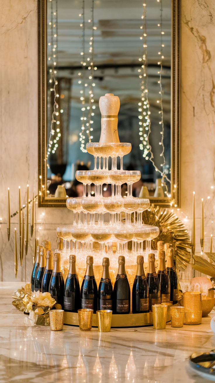 A beautifully arranged champagne tower with sparkling flutes and bottles of champagne, set against a stylish backdrop.