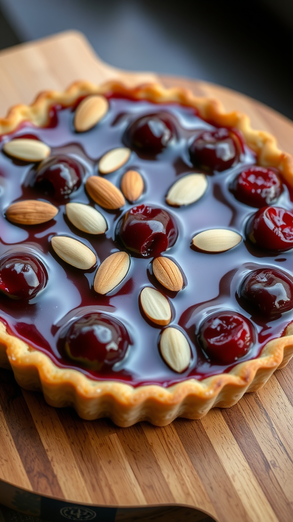 A cherry almond tart with a glossy cherry glaze and almond slices on top.