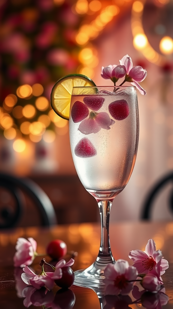 A refreshing Cherry Blossom Tonic cocktail garnished with cherries and flowers.