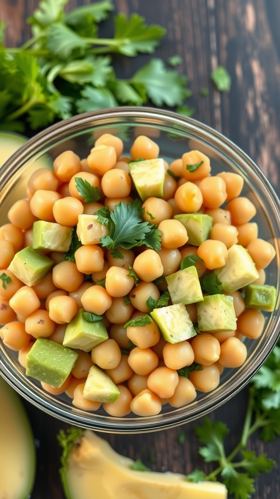 A bowl of chickpea salad with diced avocado and fresh cilantro