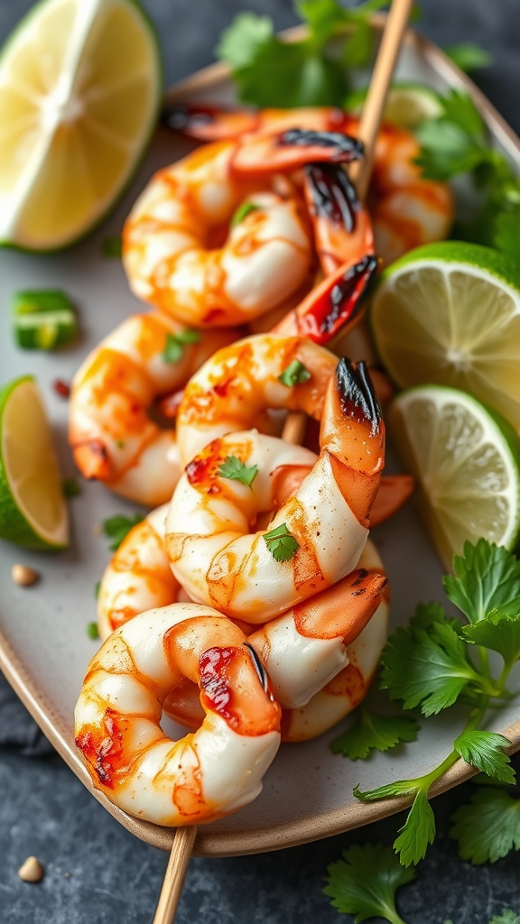 Chili lime grilled shrimp on skewers with lime slices and cilantro