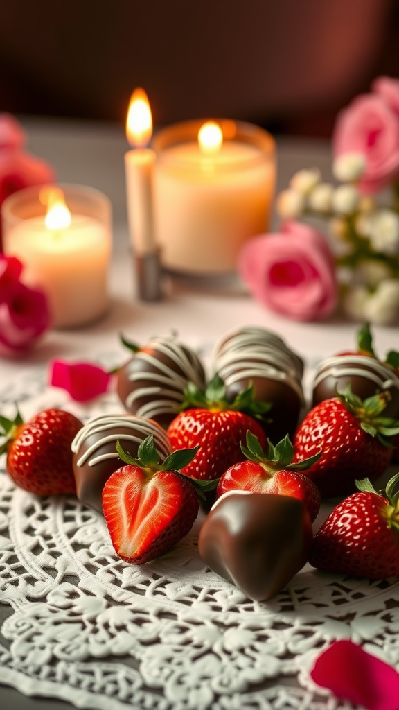 Delicious chocolate-covered strawberries arranged beautifully with decorations.