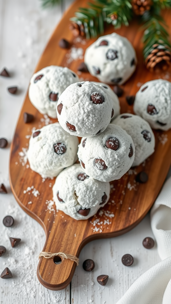 A wooden platter with chocolate chip snowball cookies dusted with powdered sugar and chocolate chips scattered around