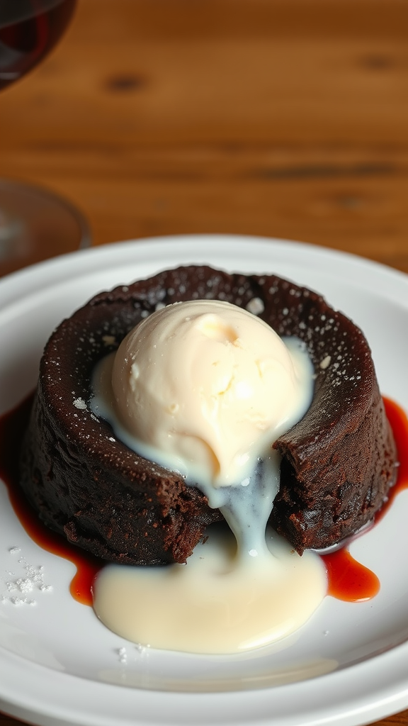 A delicious chocolate lava cake served with ice cream