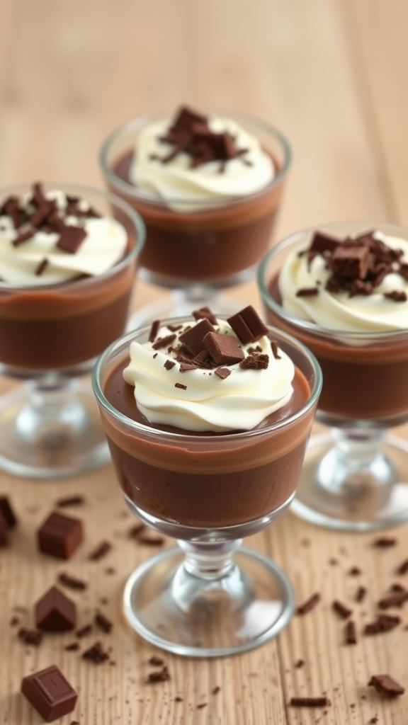 Delicious chocolate mousse cups topped with whipped cream and chocolate shavings.