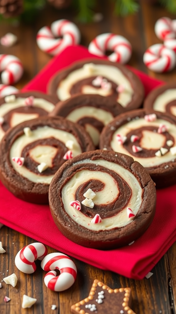 Chocolate Peppermint Pinwheel Cookies arranged on a red napkin with candy canes scattered around.