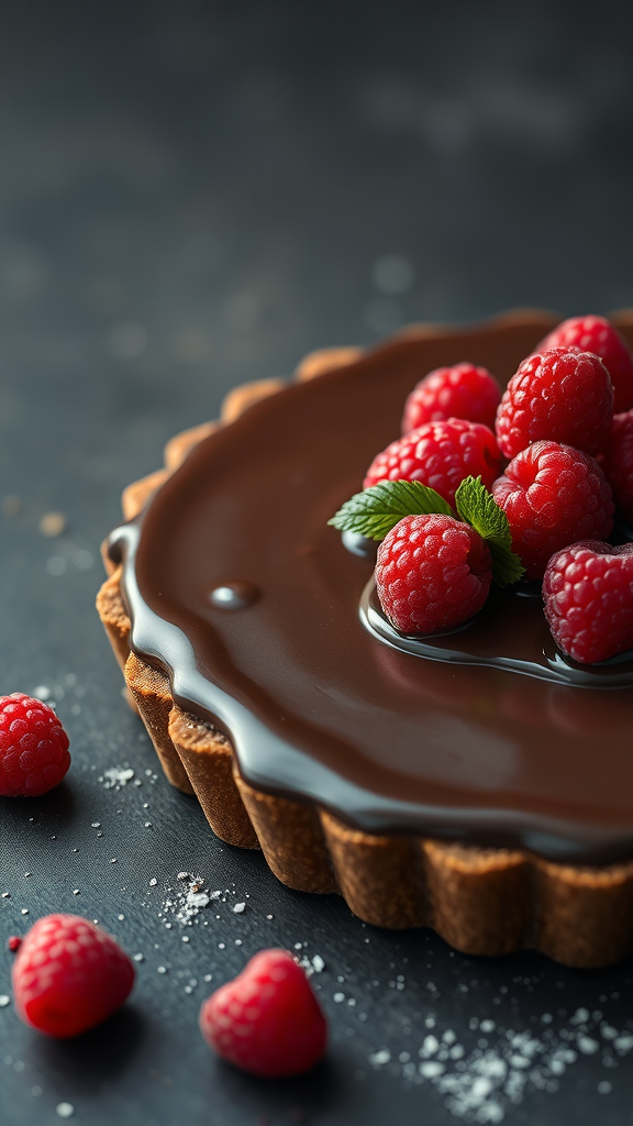 A delicious chocolate raspberry tart topped with fresh raspberries and mint.