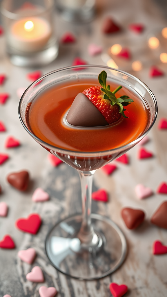 A Chocolate Strawberry Martini with a chocolate-dipped strawberry on the rim, surrounded by heart-shaped decorations.