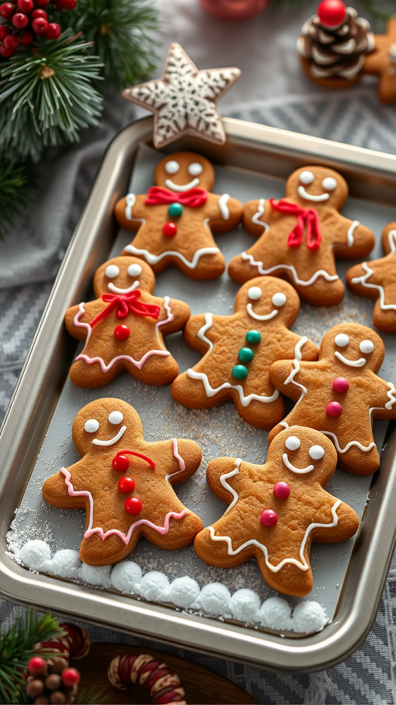 A tray of decorated gingerbread men cookies with festive icing and candy