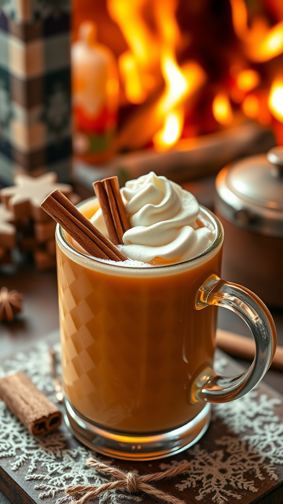 A cozy mug of hot buttered rum topped with whipped cream and cinnamon sticks, placed near a warm fireplace.