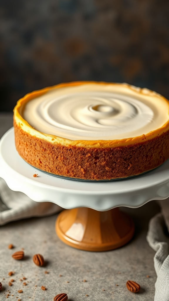 Classic New York-style cheesecake on a cake stand