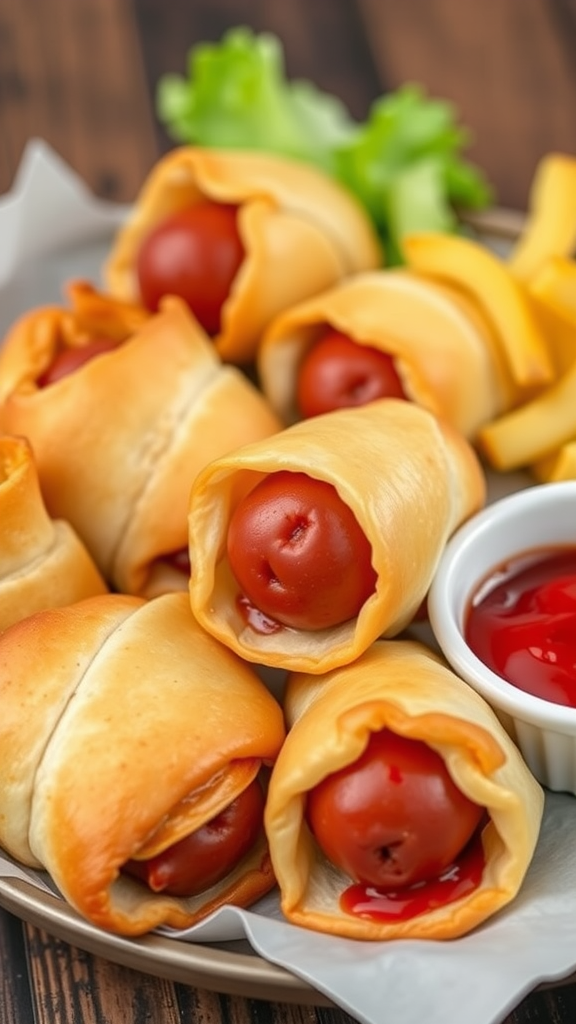 A plate of pigs in a blanket with mustard and ketchup