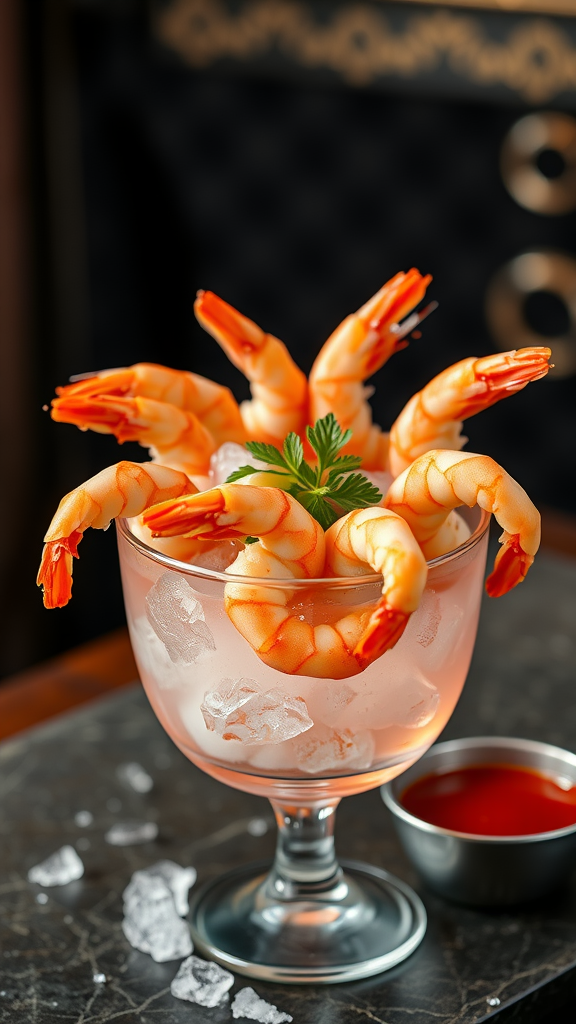 A beautiful presentation of shrimp cocktail in a glass with ice and dipping sauce