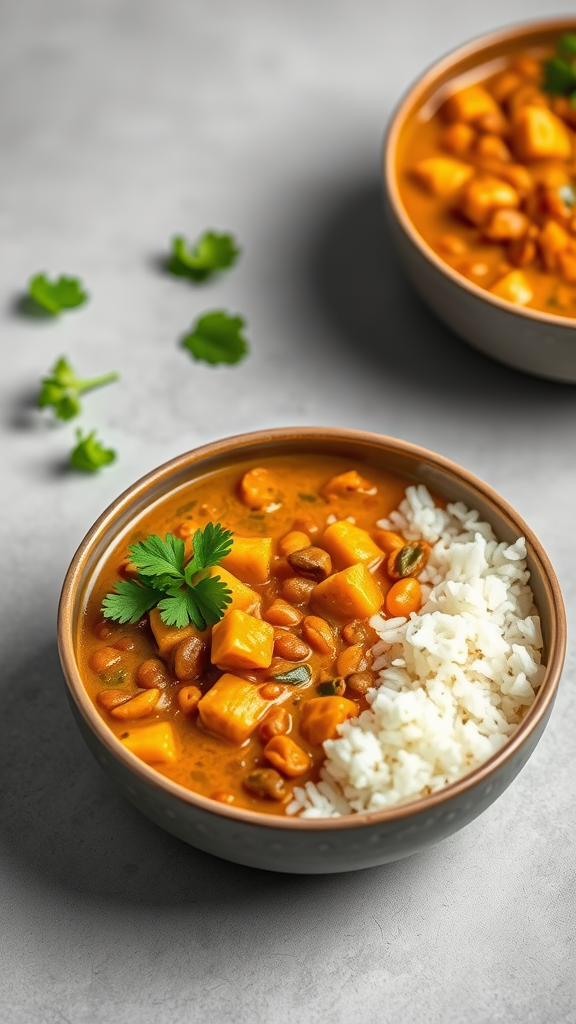 A bowl of coconut curry lentils with sweet potatoes and rice, garnished with cilantro.