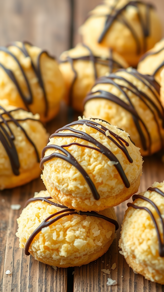 Coconut macaroons drizzled with chocolate on a wooden table